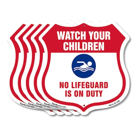 Signmission Pool Safety Shield Sign Attention Watch, 12 inch X 12 inch, Aluminum Metal Sign, 5PK SHI-A-5Pack-12-430