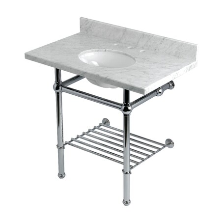 Kingston Brass 36-Inch Carrara Marble Console Sink with Brass Legs and Shelf, 8-Inch, 3-Hole KVPB36MBB1