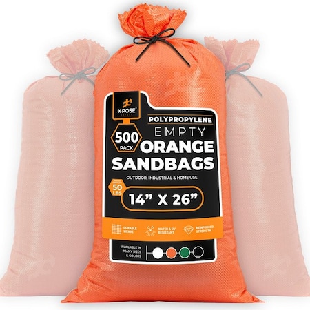 Xpose Safety Woven Poly Sand Bags for Flooding, 14 x 26, 50 lb WL, Empty, Orange, Pack of 500, 500PK SBO-1426-500-X-S