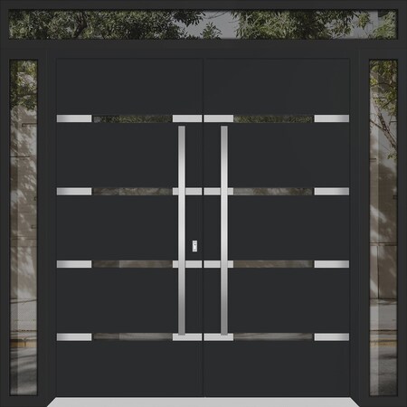 Vdomdoors Metal Double Doors Deux 1105 Black Enamel Mirrored Clear Glass 2 Sidelights and Top Transom Entry M DEUX1105DEXD-BLK-W16+72+16xH96+14-LH-O