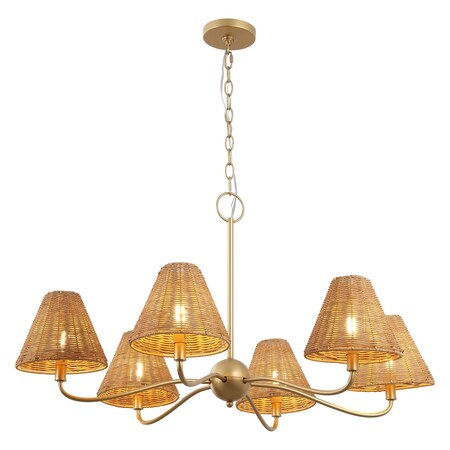 Jonathan Y Grady 35" 6-Light Grand Coastal Farmhouse Adjustable Swooping Arm Metal w/Hand-Woven Rattan Shades L JYL9560B
