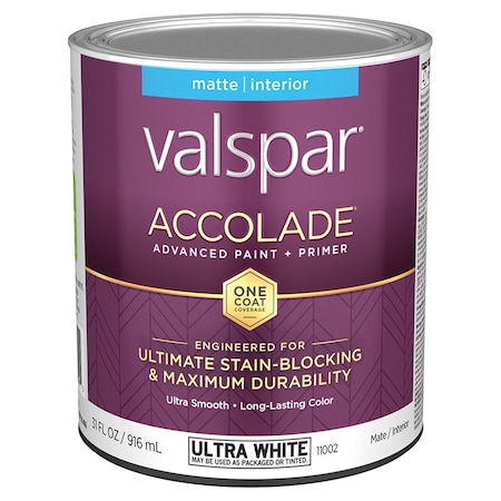 Valspar 1 Qt 11002 Ultra White Base Accolade Interior Paint & Primer, Matte 8481
