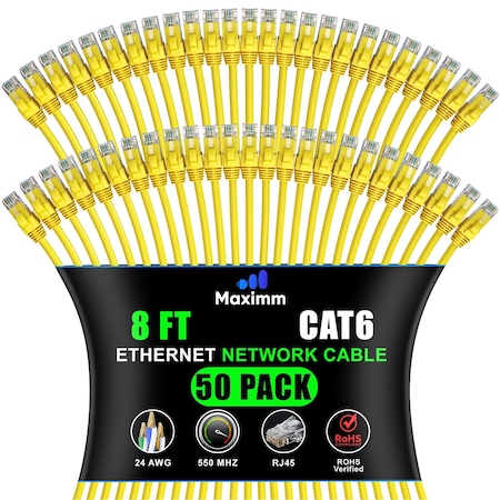 Maximm Cat6 Ethernet Cable 8ft 10Gbps 550MHz UTP, 50PK, Yellow, 50PK CAT6CCA-8YL-50PK