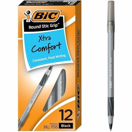 Bic Ultra Round Stic Grip Ballpoint Stick Pen, Medium, Black Ink, Dozen GSMG11BK