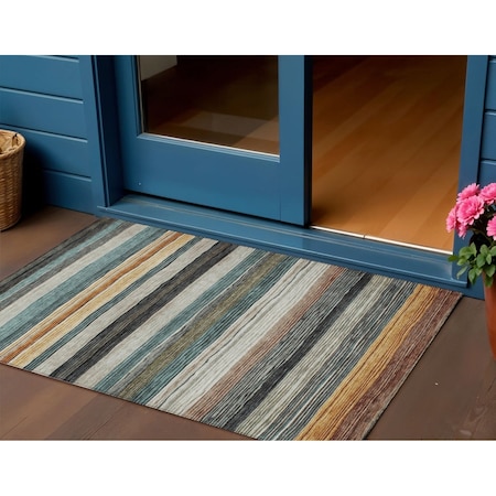 Homeroots 3' X 5' Beige Gold And Brown Striped Washable Indoor Outdoor Area Rug 618250
