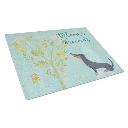 Carolines Treasures Welcome Friends Black Tan Dachshund Glass Cutting Board, Large BB7630LCB