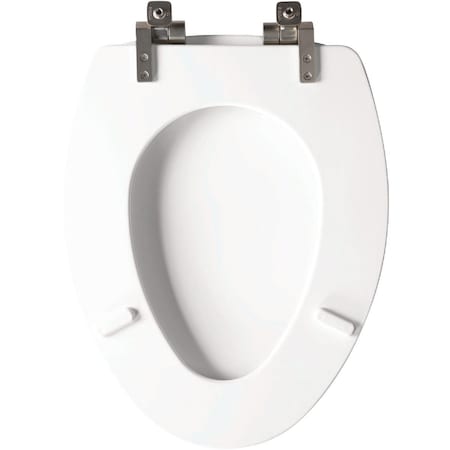 Bemis Mayfair Benton Elongated White Enameled Wood Toilet Seat with Slow Close Brushed Nickel Metal Hinge 126NISLA000