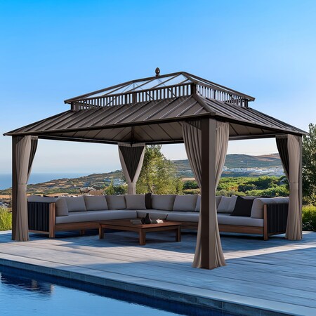 Sunjoy Kingston 16x12 Gazebo, Steel & PC Roof Hardtop Gazebo with Curtain and Netting, Brown Aluminum Posts A10204388200