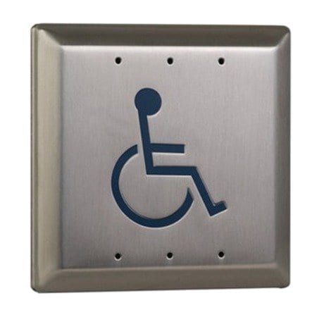 Camden 4-1/2-in Square Push Plate Switch, Exposed Screws, SPDT Relay, 'Push to Open' Text/Wheelchair Symbol CM-46/4