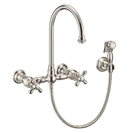 Whitehaus Collection Vintage III Plus Wall Mount Faucet with a Long Gooseneck Swivel Spout, and Solid Brass Side Spray WHKWCR3-9301-NT-PN
