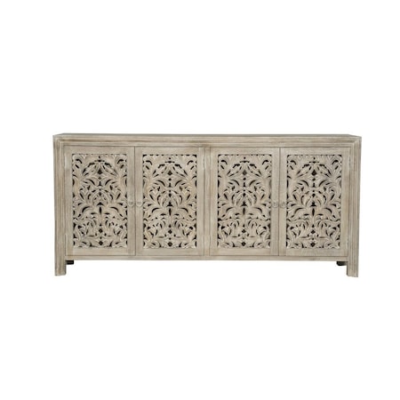 Homeroots 78in Gray Distressed Solid Wood Carved Floral Sideboard with Four Doors 569594