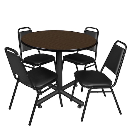 Regency Round Kobe Breakroom Table W/ 4 Restaurant Stack Chairs, 42 in W, 42 in L, Neo Walnut TKB42RNDNW29BK