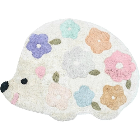 Homeroots 32" White Blue And Pink Cotton Hedgehog Floral Print Bath Rug 635403
