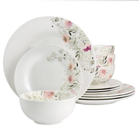 Gibson Home Lily Garden Ceramic 12 Piece Dinnerware Set in White and Pink 127030.12