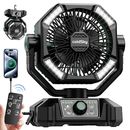 Edendirect Camping Fan with LED Lantern, 20000mAh, Dual Motor, 8 Speeds, Remote Control, Portable, Green ZR-HY8136S-L