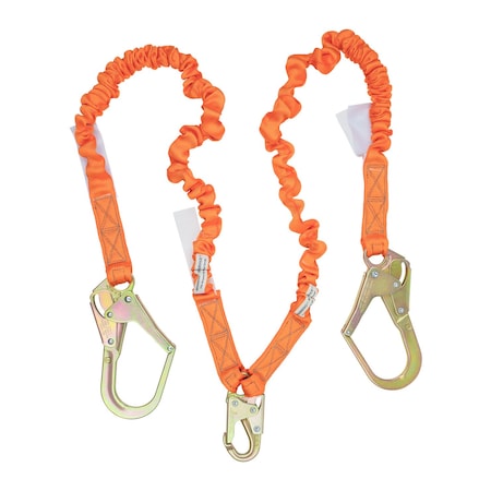 Malta Dynamics 4.5ft - 6ft DOUBLE LEG STRETCH INTERNAL SHOCK ABSORBING LANYARD W 2 REBAR HOOKS, 1 STEEL SNAP HOOK C5117