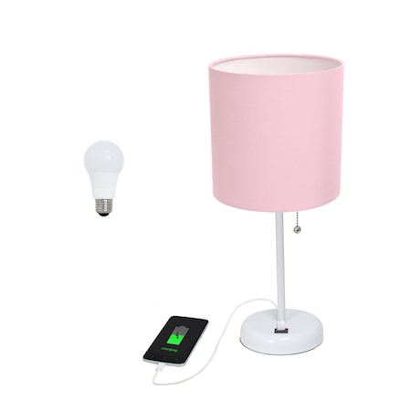 Homeroots 20" White Metal USB Table Lamp LED With Light Pink Drum Shade 642913