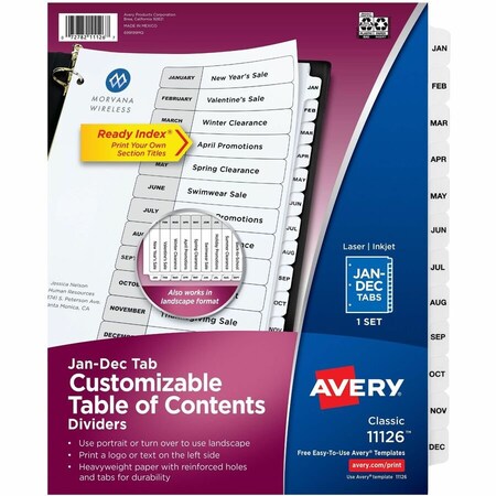 Avery Dennison Avery T.O.C. Divider, Printed Jan to Dec, 8.5"x11", 12 Tabs, White/White 11126