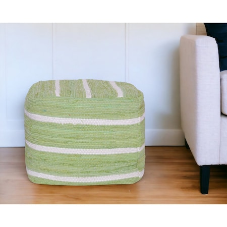 Homeroots 18" Green And White Cotton Cube Striped Pouf Ottoman 534110