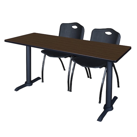 Regency Cain T-Base Training Seminar Table W/ 2 M Stack Chairs, 72 in W, 24 in L, Neo Walnut MTRCT7224NW47BK