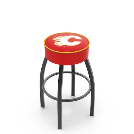 Holland Bar Stool Co 30" 4" Calgary Flames Cushion Seat, Blk Wrinkle Base Swivel Bar Stool L8B130CalFla