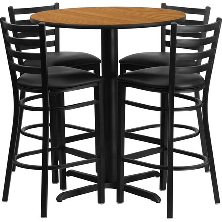 Flash Furniture Round Natural Bar Table, X-Base w/Black Seats, 30" L, 30" W, 42" H, Laminate Top, Wood Grain HDBF1023-GG