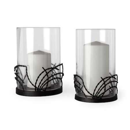 Homeroots Set of Two Black Botanical Leaf Glass And Metal Tabletop Hurricane Candle Holders, 2PK 608520