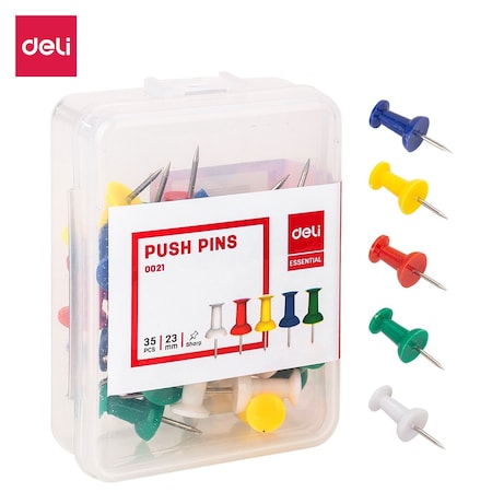 Deli Push Pins 0.9in, 5 Assorted Colors, Rust-Resistant, 35PK E0021