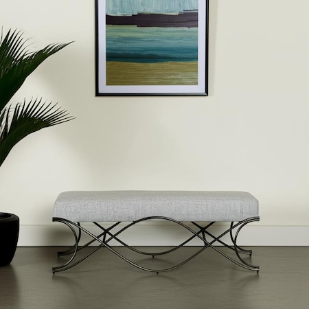 Homeroots 55" Dark Gray and Nickel Chenille and Metal Upholstered Bench 606736