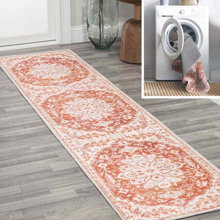 Jonathan Y Asa Ornate Medallion Non-Slip Machine-Washable Orange/Cream 2 ft. x 10 ft. Runner Rug WSH108A-210
