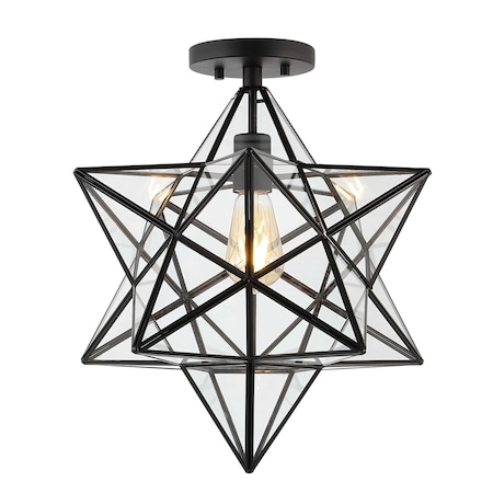 Jonathan Y Ava 14.5" 1-Light Farmhouse Bohemian Iron/Glass LED Semi Flush Mount, Black/Clear JYL9923A
