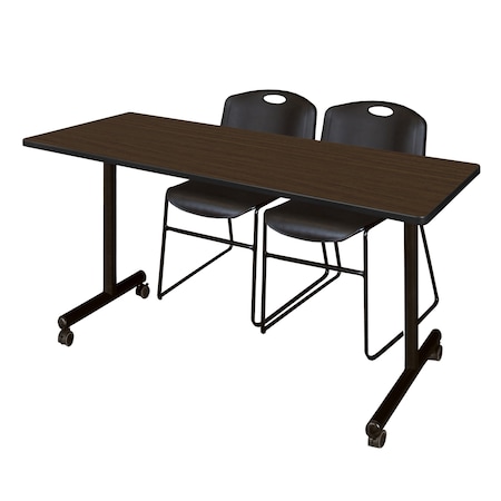 Regency Kobe Mobile T-Base Training Table W/ 2 Zeng Stack Chairs, 66 in W, 24 in L, Neo Walnut MKTRCC6624NW44BK