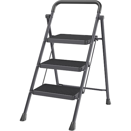 Campior Black 3-Step Foldable Stool, 500 lbs Cap., Anti-Slip Feet, Steel Frame, Space-Saving for Home and More DRIB3STPBK