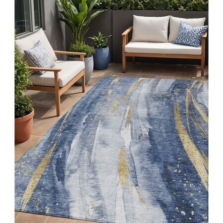 Homeroots 5' X 8' Blue Gold And Ivory Abstract Washable Indoor Outdoor Area Rug 617426