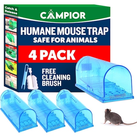 Campior Humane Mouse Trap, Large, No-Kill, Pet Safe, Easy Clean, No-Touch Release, Blue, 4PK CMPMU7BLS4