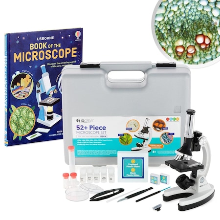 Amscope IQCrew By 1200X 52-pcs Kids Beginner Compound Microscope Kit w/Slides, LED Light, Storage Box and Boo M30-ABS-KT2-W-WM