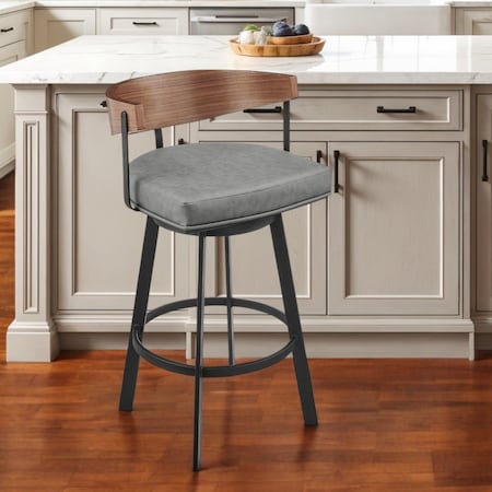 Homeroots 26" Gray Brown and Black Faux Leather and Iron Low Back Counter Height Swivel Bar Chair 569158