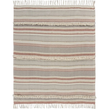 Homeroots 60" X 50" Beige Woven Cotton Striped Throw Blanket with Fringe 516617
