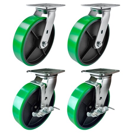 Hyw Products Heavy Duty Caster Set 8in Green Polyurethane on Cast Iron Wheels, 2 Swivel & 2 Swivel w/ Brake, 4PK 40-80S-A1-PC-2,40-80S-A1-PC-TB-2 (G)