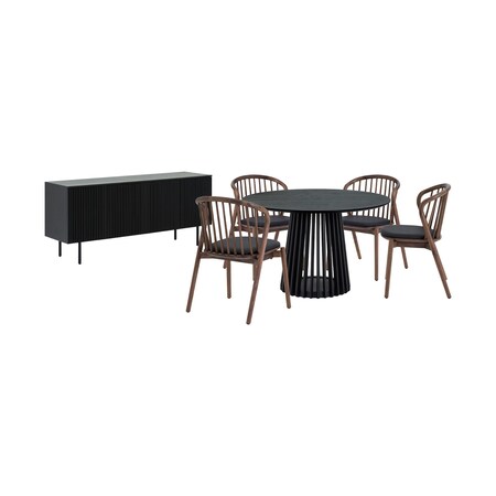 Homeroots Six Piece Black Round Dining Set with Four Chairs and Sideboard 571715