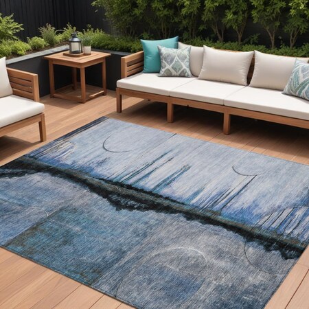 Homeroots 9' X 12' Blue And Charcoal Abstract Washable Indoor Outdoor Area Rug 630469
