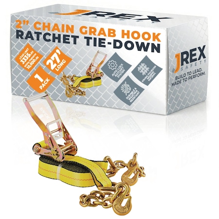 Jrex Safety HD Ratchet Strap with Chain Grab Hooks, Yellow 2 in x 27 ft Tie Down RTD227-JR-CG-1