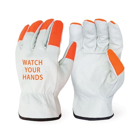 Firm Touch Quality Grade Cow Grain Leather, In-Seam, Hi-Vis Orange Fingertips, S, 12PK I2032OFT S