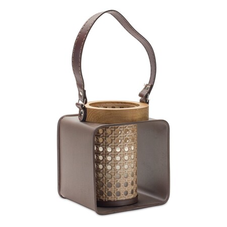 Homeroots 7" Natural And Brown Distressed Lattice Iron And Wood Tabletop Lantern Candle Holder 516472