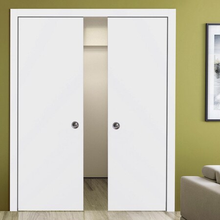 Sartodoors Sliding Double Pocket Door with Frames, Planum 0010 White Silk, Kit Trims Rail Hardware, Solid Wood PLANUM0010DP-WS-36