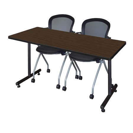 Regency Kobe T-Base Training Seminar Table W/ 2 Cadence Stack Chairs, 72 in W, 30 in L, Neo Walnut MKTRCT7230NW23BK