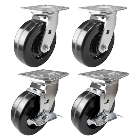Hyw Products Heavy Duty Caster Set 6in Phenolic Wheels, 2 Swivel & 2 Swivel with Brake, 4PK 40-60S-A1-PH-2,40-60S-A1-PH-TB-2
