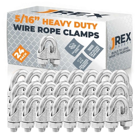 Jrex Safety Galvanized Steel Wire Rope Cable Clip Clamp - 5/16" U-Bolt Style, 24PK GCC516-JR-24PK
