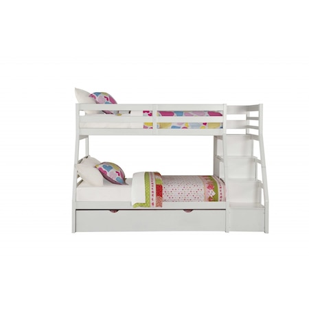 Homeroots White Twin Over Full Solid Wood Bunk Bed With Stairs And Trundle And Storage 286160