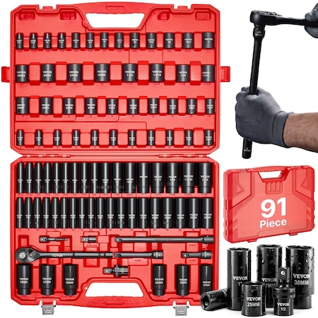 Vevor 1/2 in Drive Impact Socket Set 91 Pcs SAE 5/16 to 1-1/4 in Metric 8-32 mm, 91PK 69300004